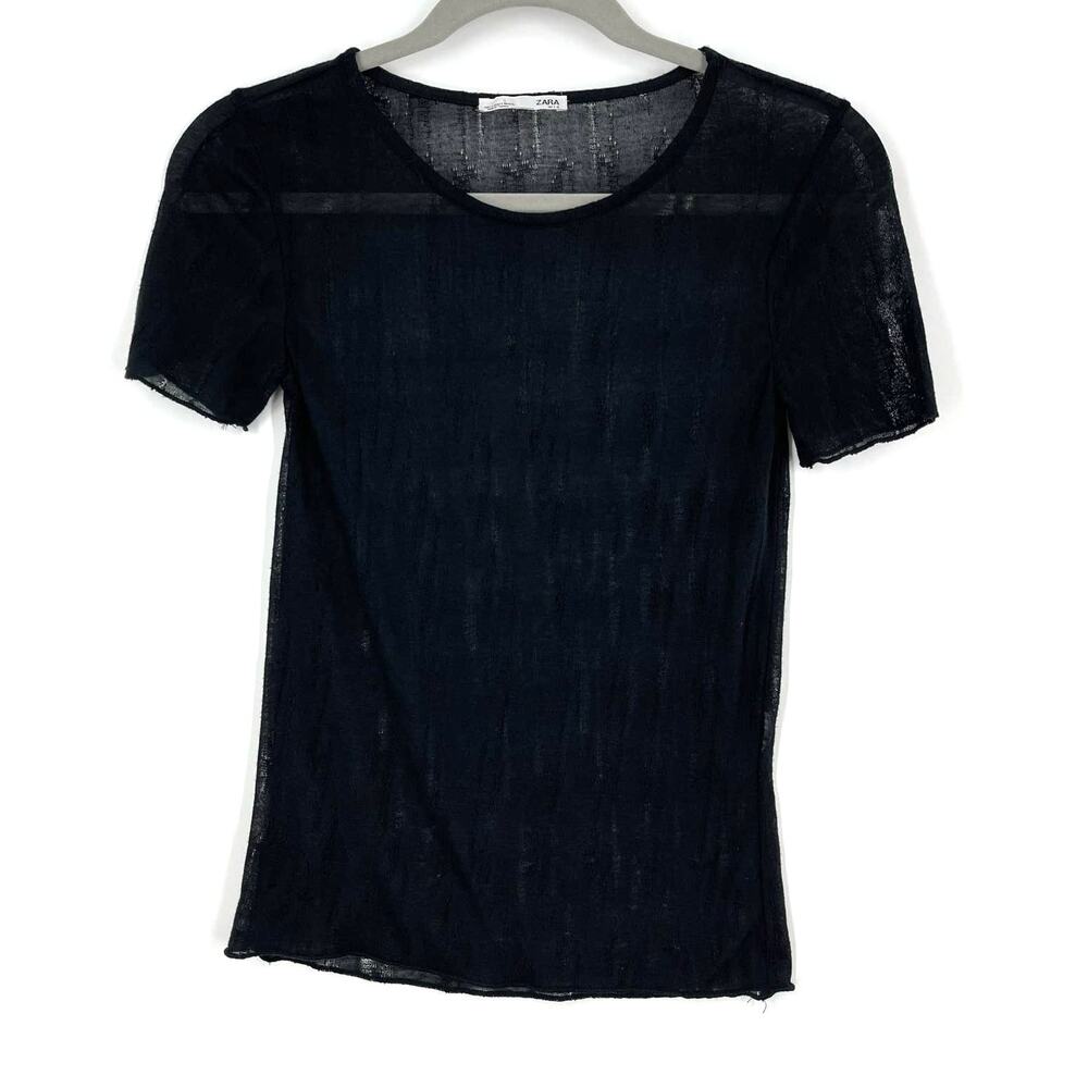 Zara W/B Black Sheer Basic Tee Short Sleeve Small